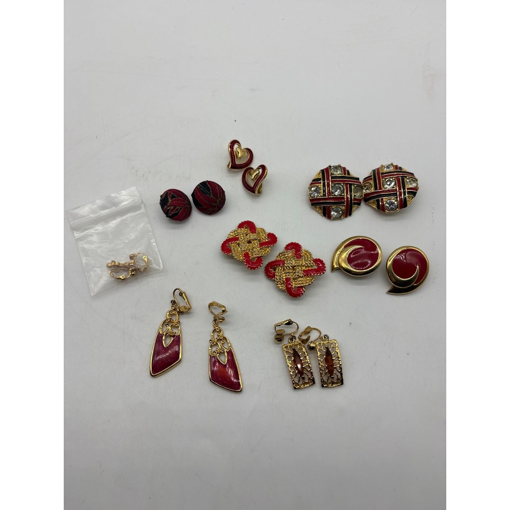 Vintage Clip On Earrings Lot 8 Pairs Gold Tone Red Black Enamel Rhinestone